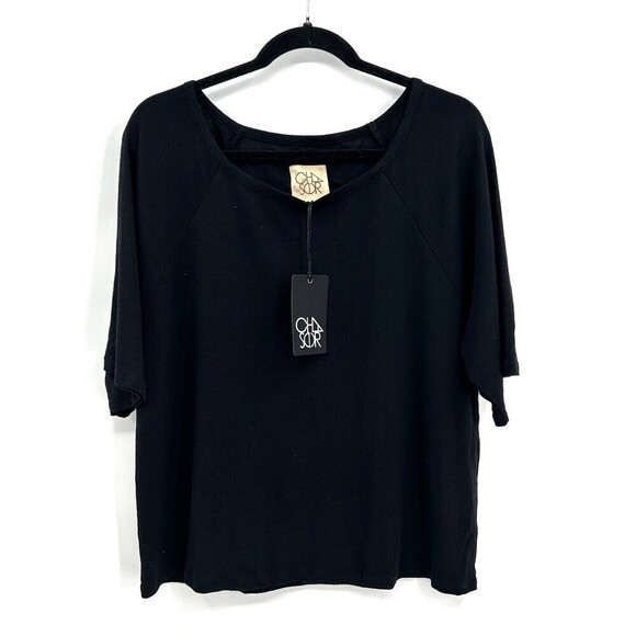 NWT CHASER Basic Black Ribbed Wide Short Sleeve Oversized Shirt Size Medium - Picture 1 of 4